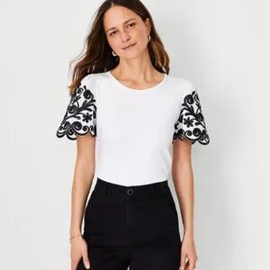 Ann Taylor White Blouse with Black Embroidery